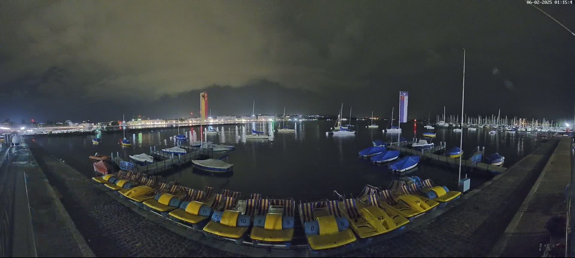 A nighttime view of a harbor with numerous boats and pedal boats docked, under a cloudy sky.