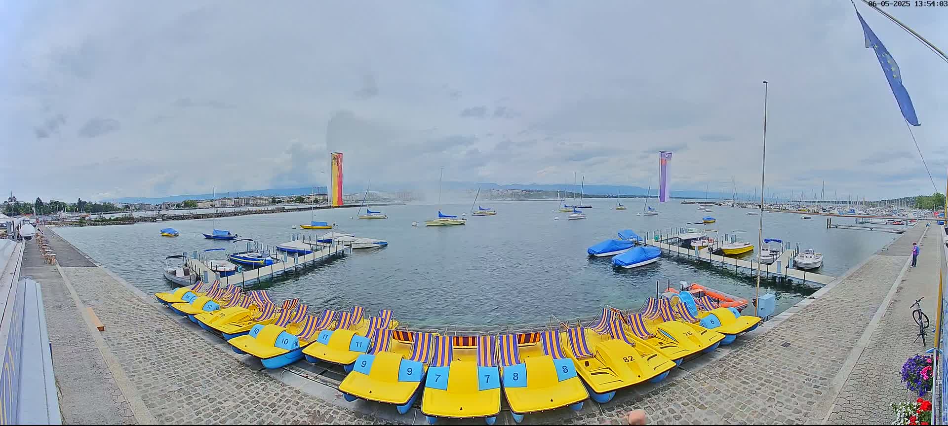 A calm lake with numerous boats and pedal boats docked, under an overcast sky.