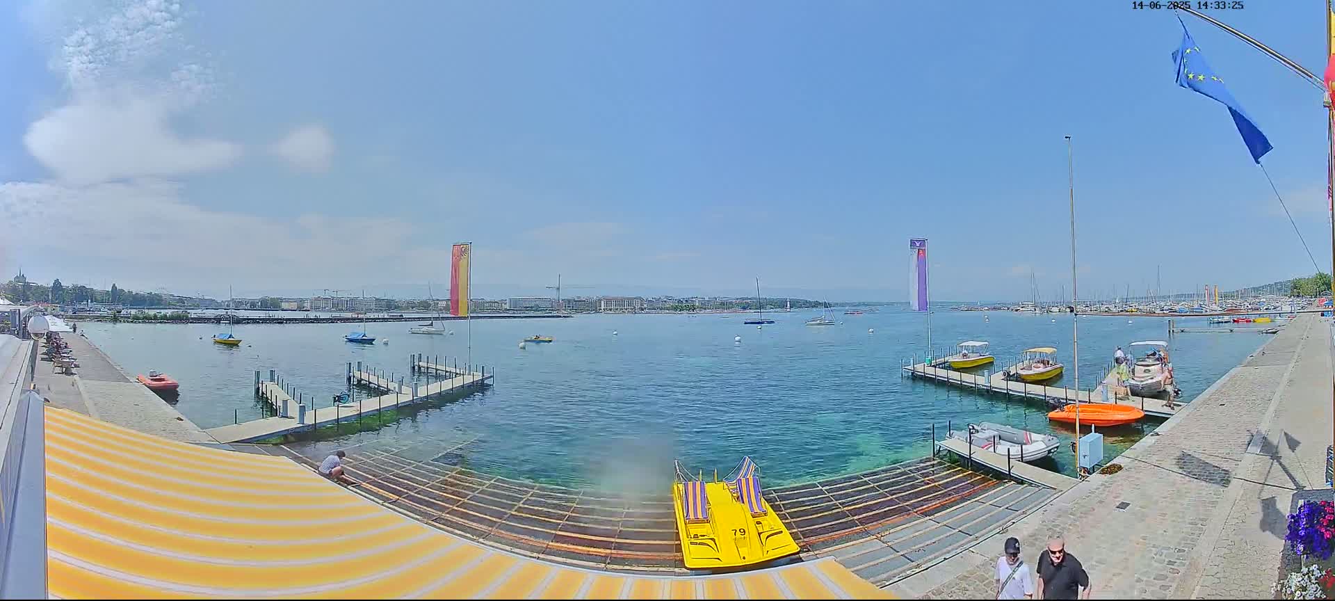A sunny day at a harbor shows a calm body of water with numerous boats docked and on the water, with a city skyline visible in the distance.