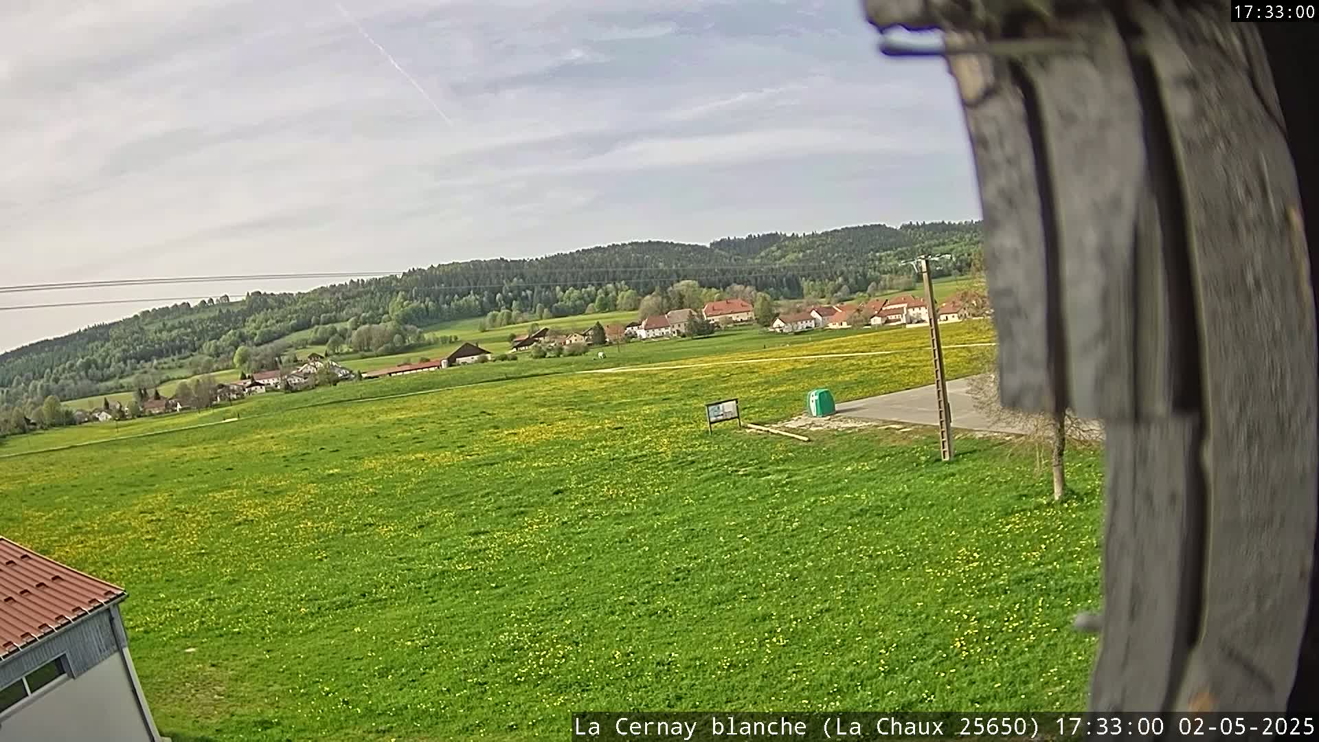 A largely green field speckled with yellow flowers stretches out to a small village nestled against a line of dark green hills under a mostly cloudy sky.