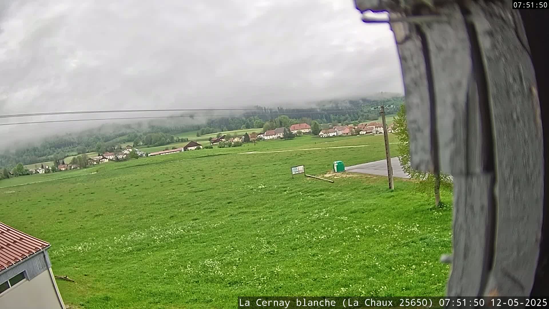 A wide, verdant field stretches out before a small village nestled amidst a misty, forested hillside under an overcast sky.