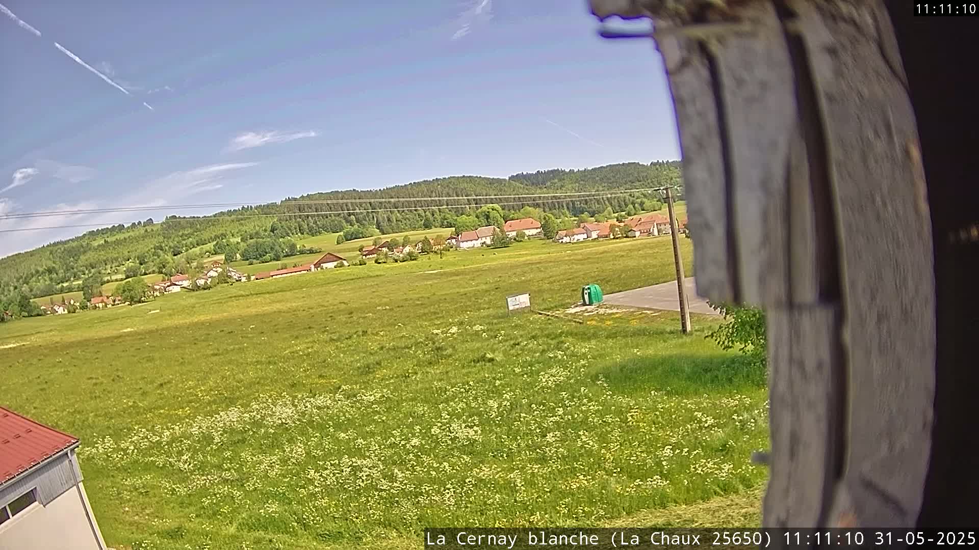 A partly cloudy blue sky overlooks a sprawling green field dotted with wildflowers, a small village nestled in the distance against a backdrop of forested hills.