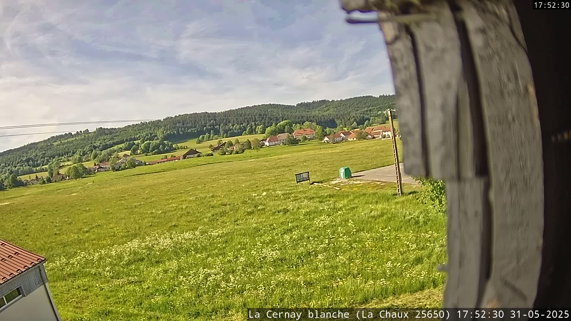 A partly cloudy day reveals a vast green field dotted with wildflowers, leading to a small village nestled against a backdrop of forested hills.