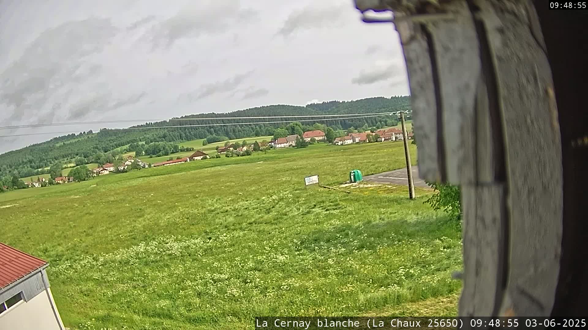 A mostly cloudy day reveals a sprawling green field dotted with wildflowers, overlooking a small village nestled against a line of forested hills.