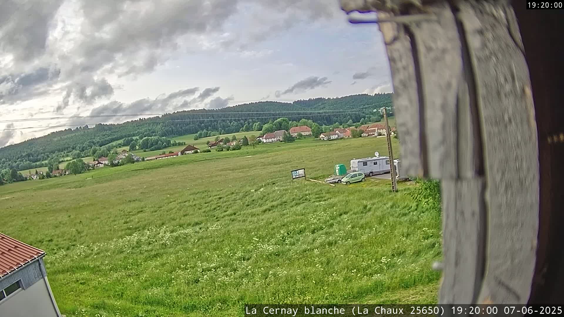 A mostly cloudy sky overlooks a green field with a small village and forest in the distance, a camper van and car parked nearby.