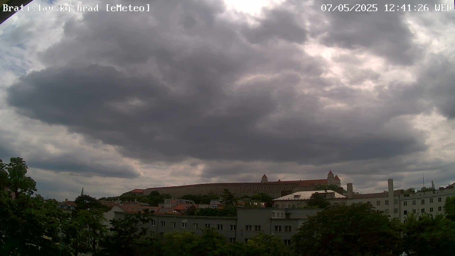 A large stone castle sits atop a hill under a heavily clouded sky.