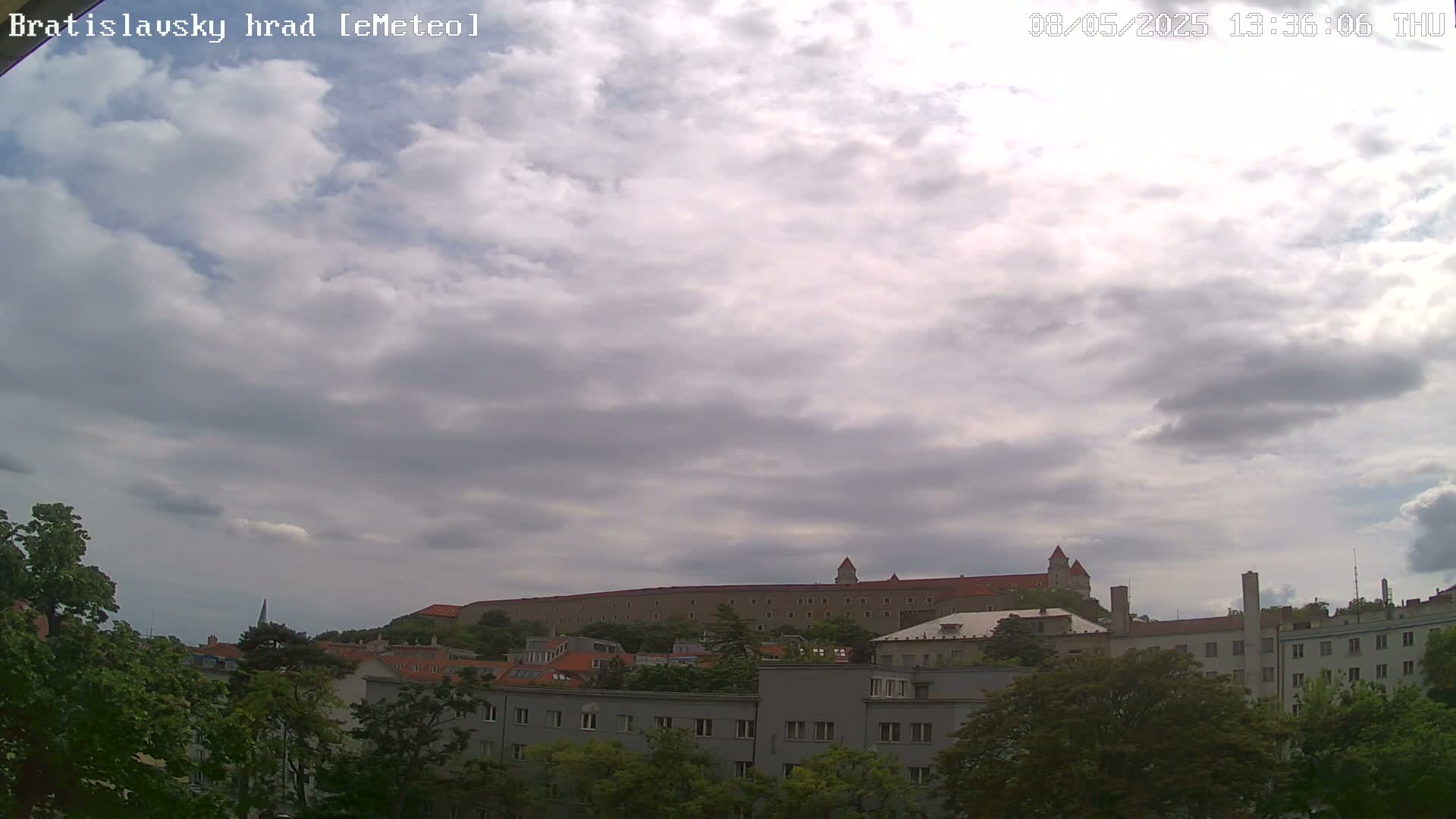 A partly cloudy sky overlooks a city with a large stone castle in the distance.