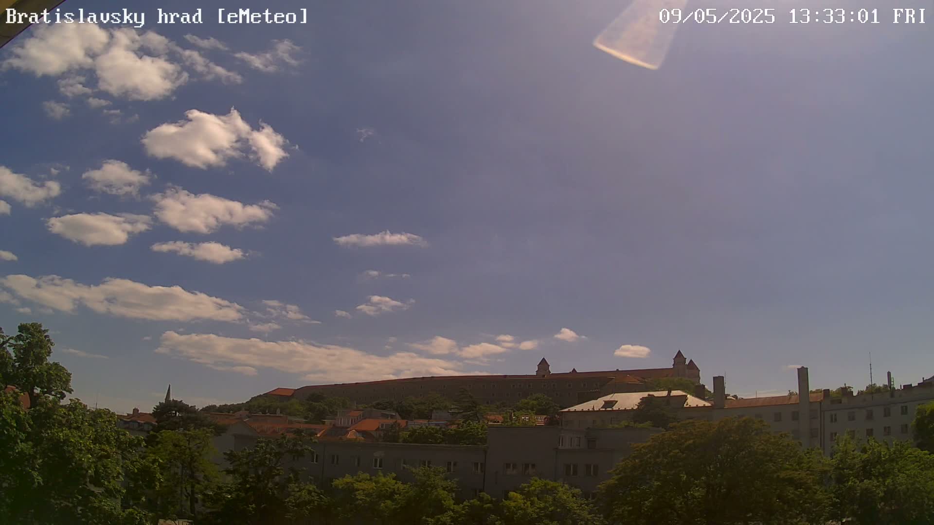 A partly cloudy sky looks down on a city with a large, brown castle-like structure on a hill in the background.