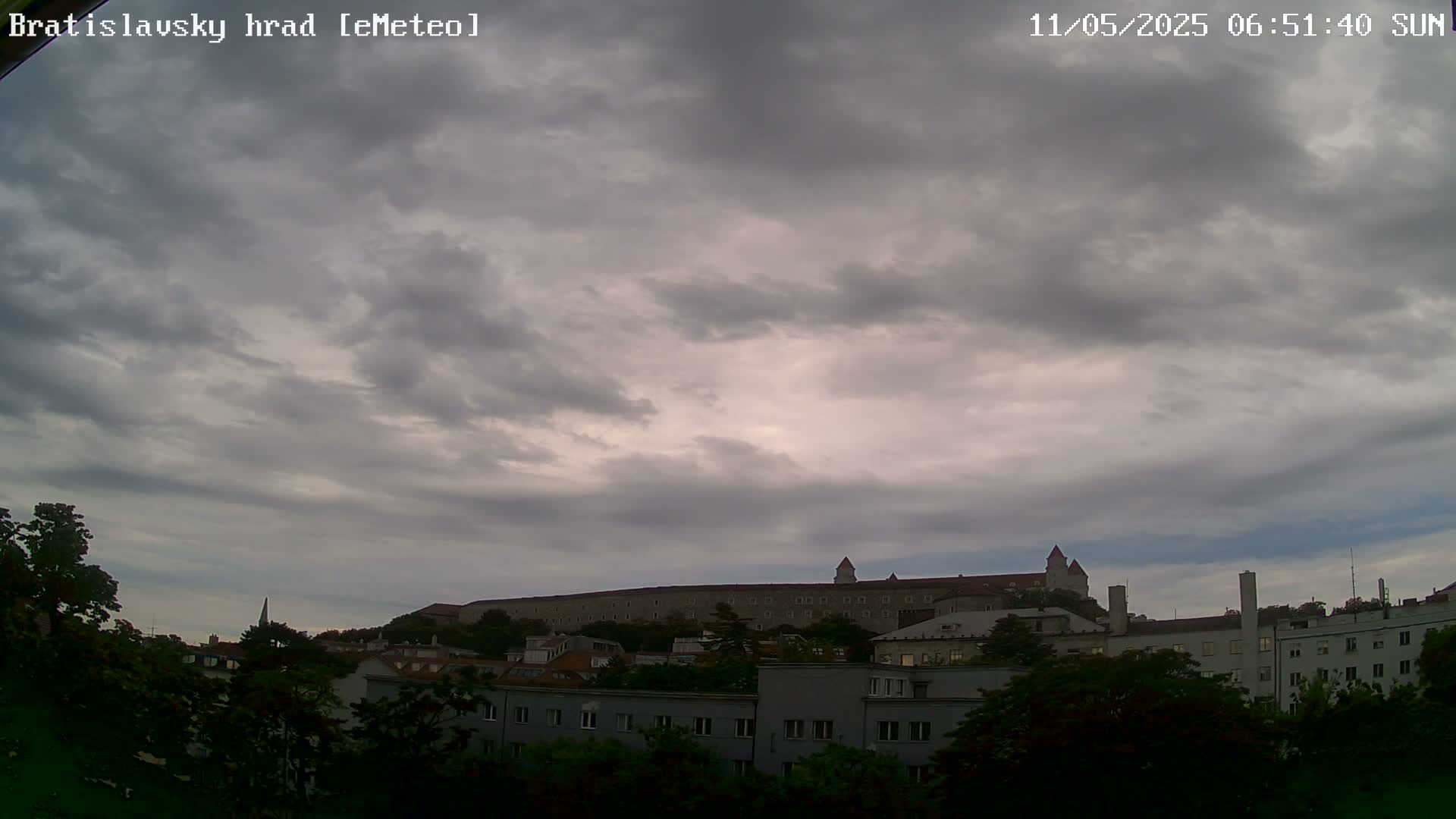 A large stone castle sits atop a hill behind a cityscape under a mostly cloudy sky.