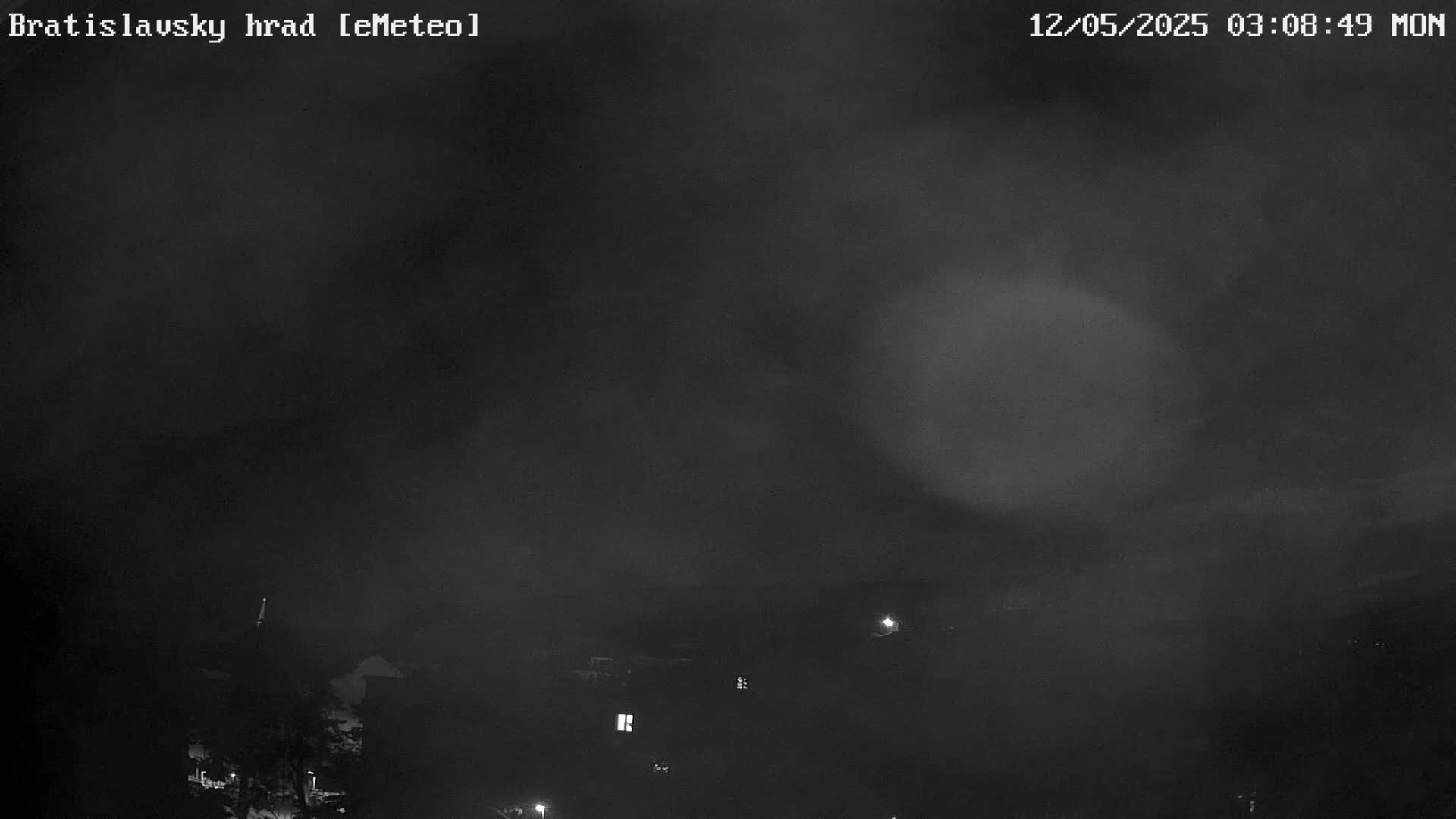 A nighttime, hazy view of a dimly lit town or village under a dark, overcast sky.