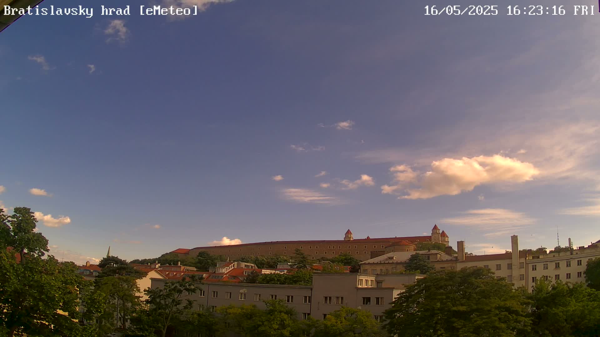 A large castle sits atop a hill, visible behind a row of buildings and leafy green trees under a mostly clear, light blue sky with a few fluffy white clouds.
