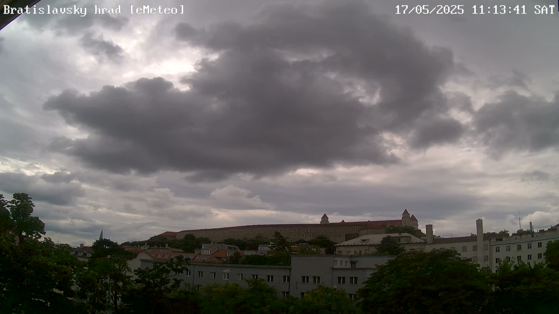 A long, stone castle sits atop a hill behind a row of buildings under a cloudy sky.