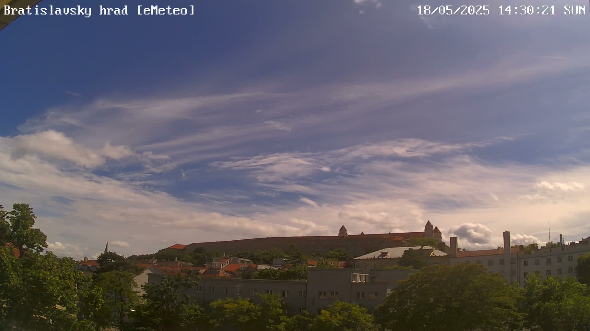 A partly cloudy sky overlooks a city with a large castle on a hill in the background.