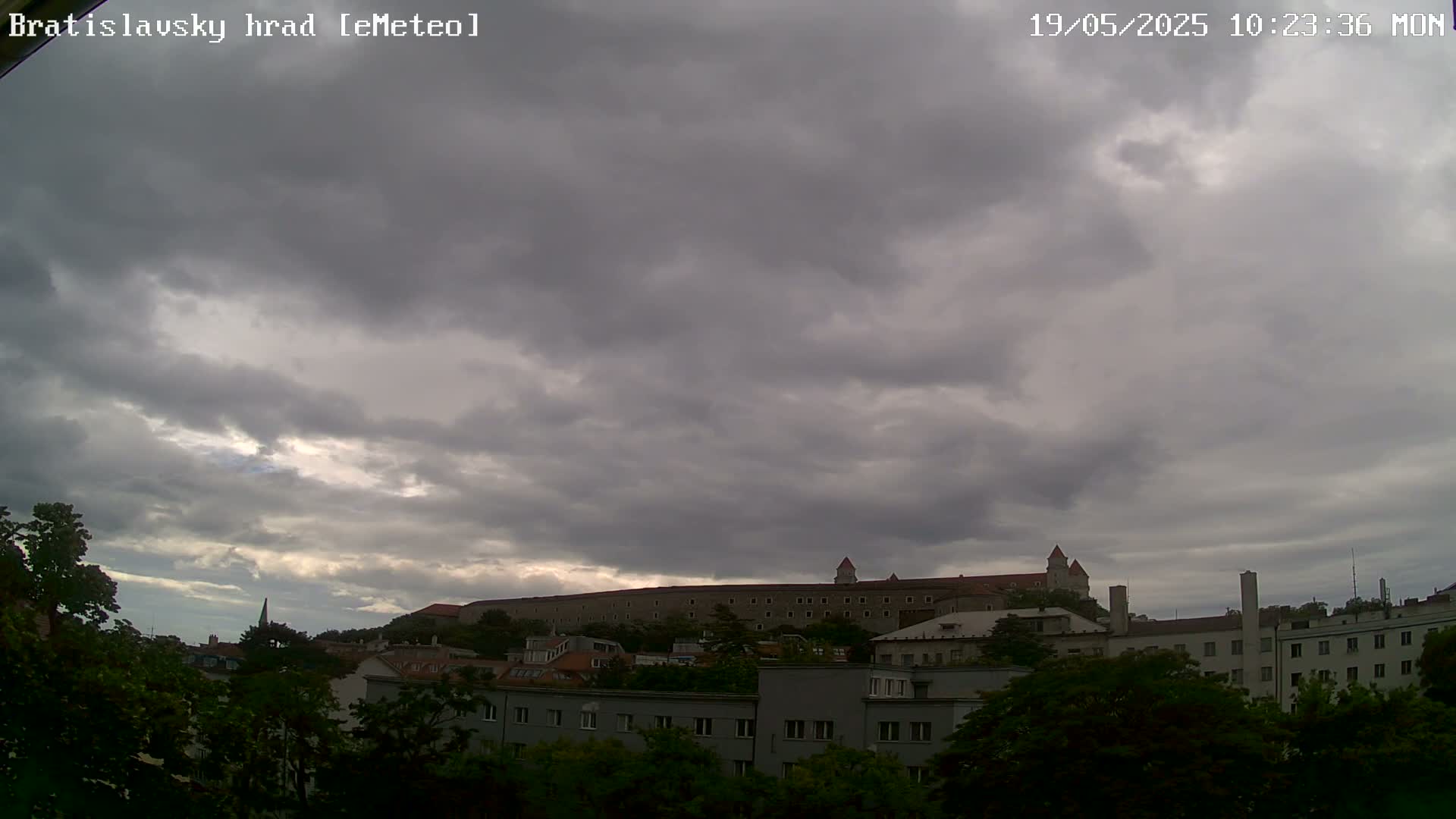 A large castle sits atop a hill under an overcast sky, with buildings and trees in the foreground.