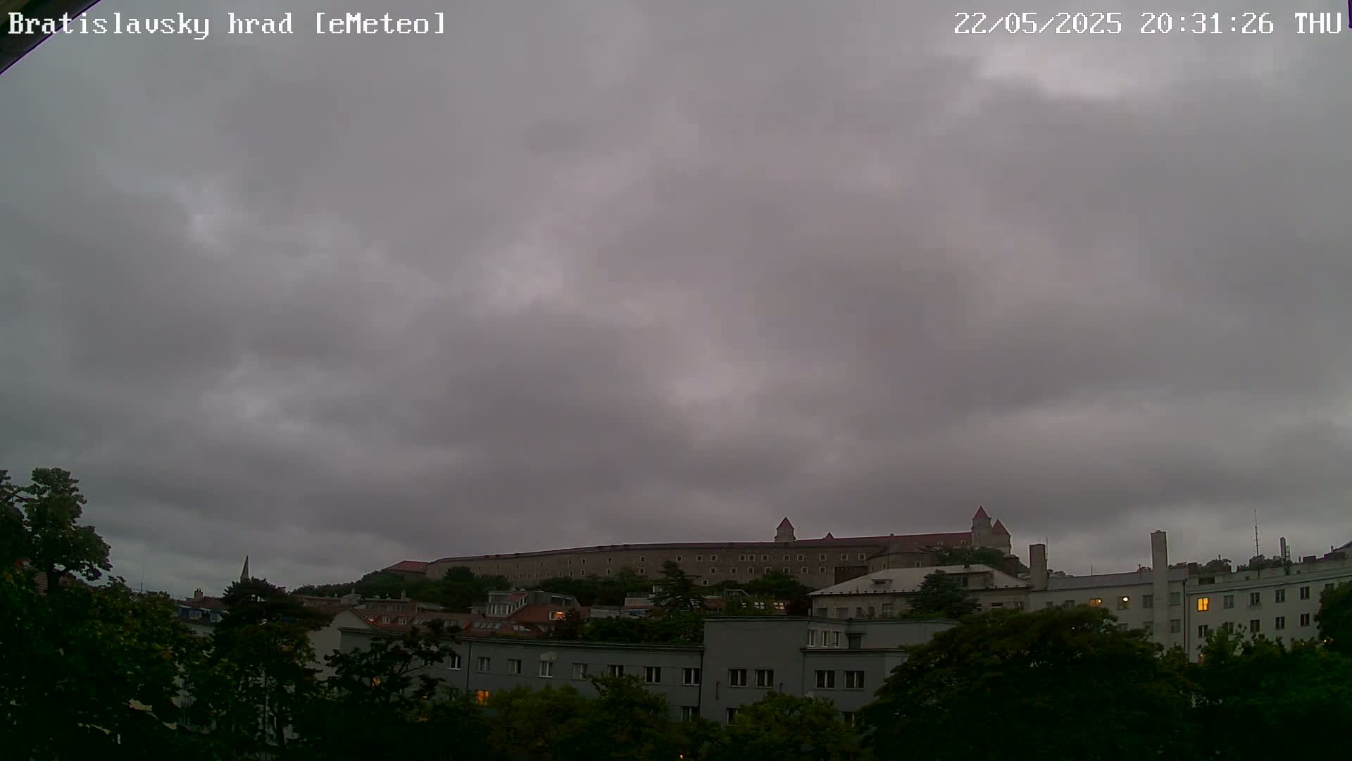 A large castle sits atop a hill in the distance, overlooked by overcast skies, behind a row of buildings and trees.