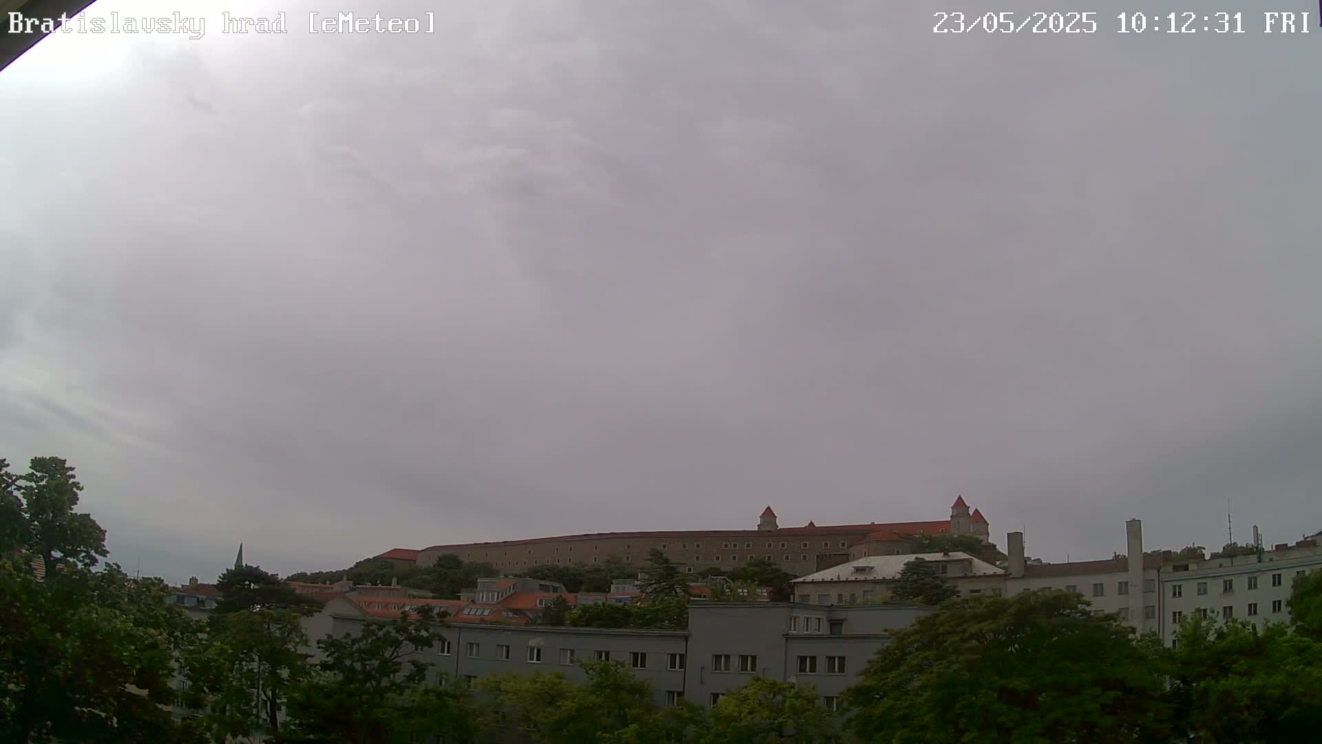 A large castle sits atop a hill in the distance, under an overcast sky, with several buildings and green trees in the foreground.