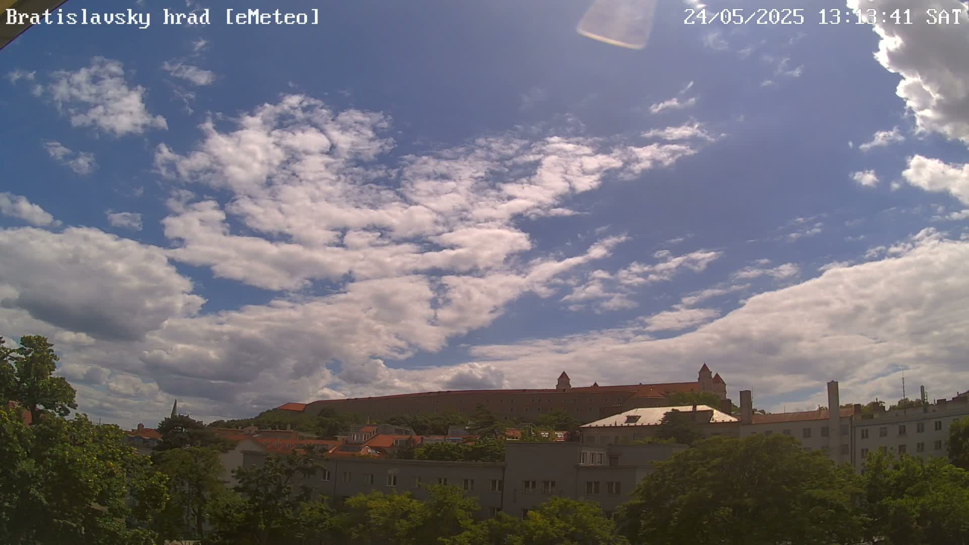 A partly cloudy sky overlooks a city with a large castle situated on a hill in the background.