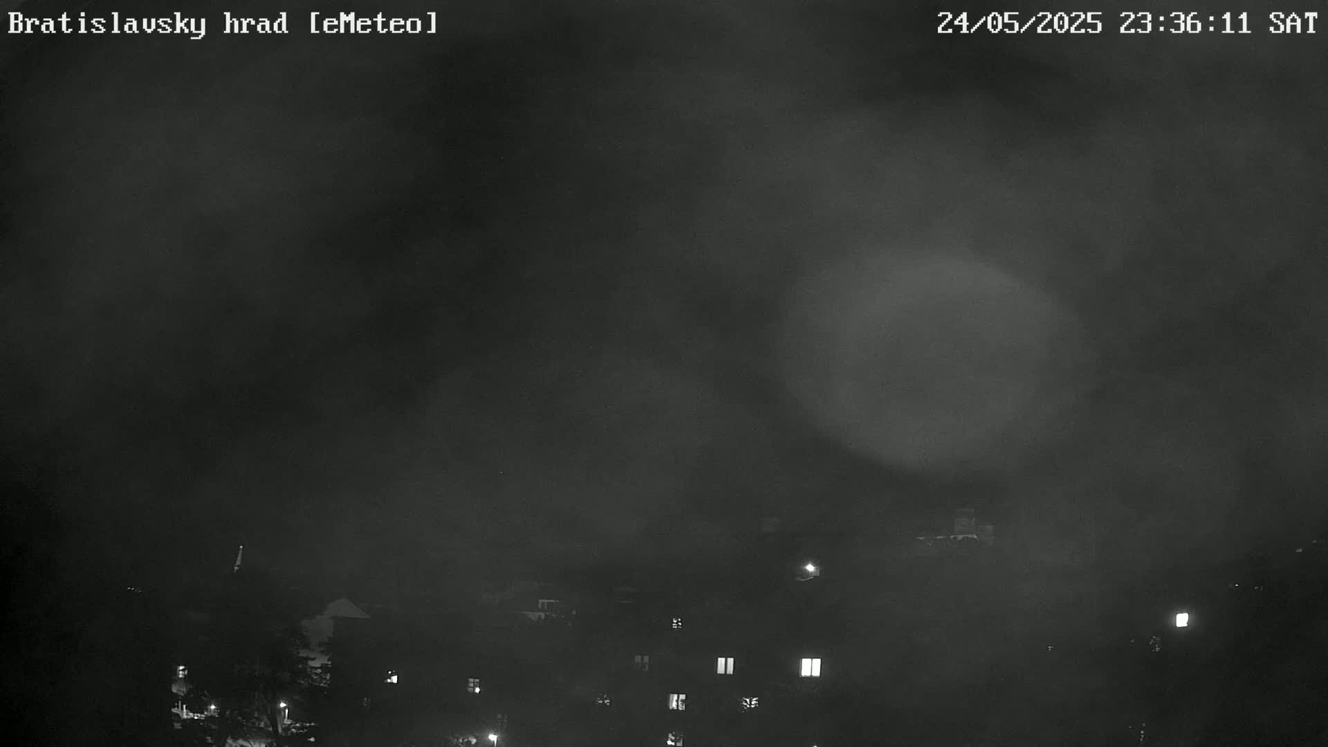A nighttime, foggy scene shows dimly lit buildings below a dark sky.