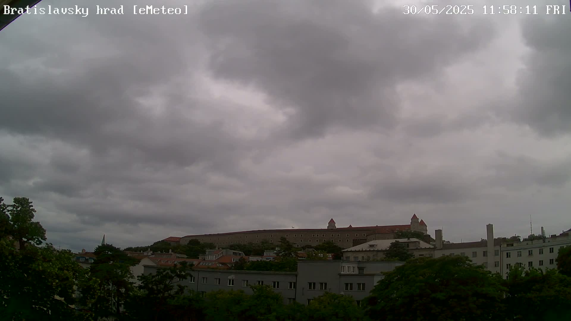 A large, long castle sits atop a hill under a heavily overcast sky.