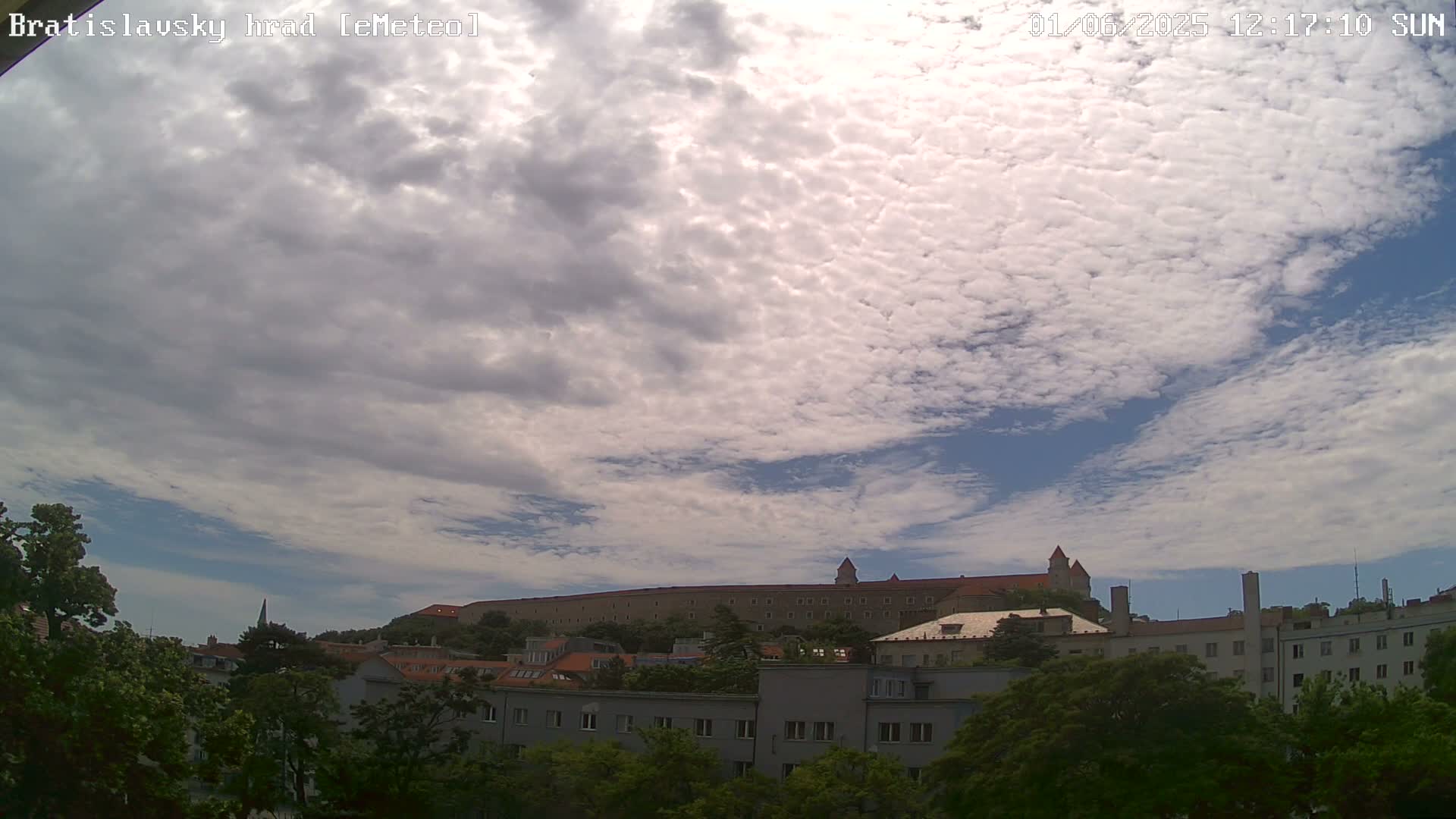 A partly cloudy sky overlooks a city with a large castle visible in the distance.