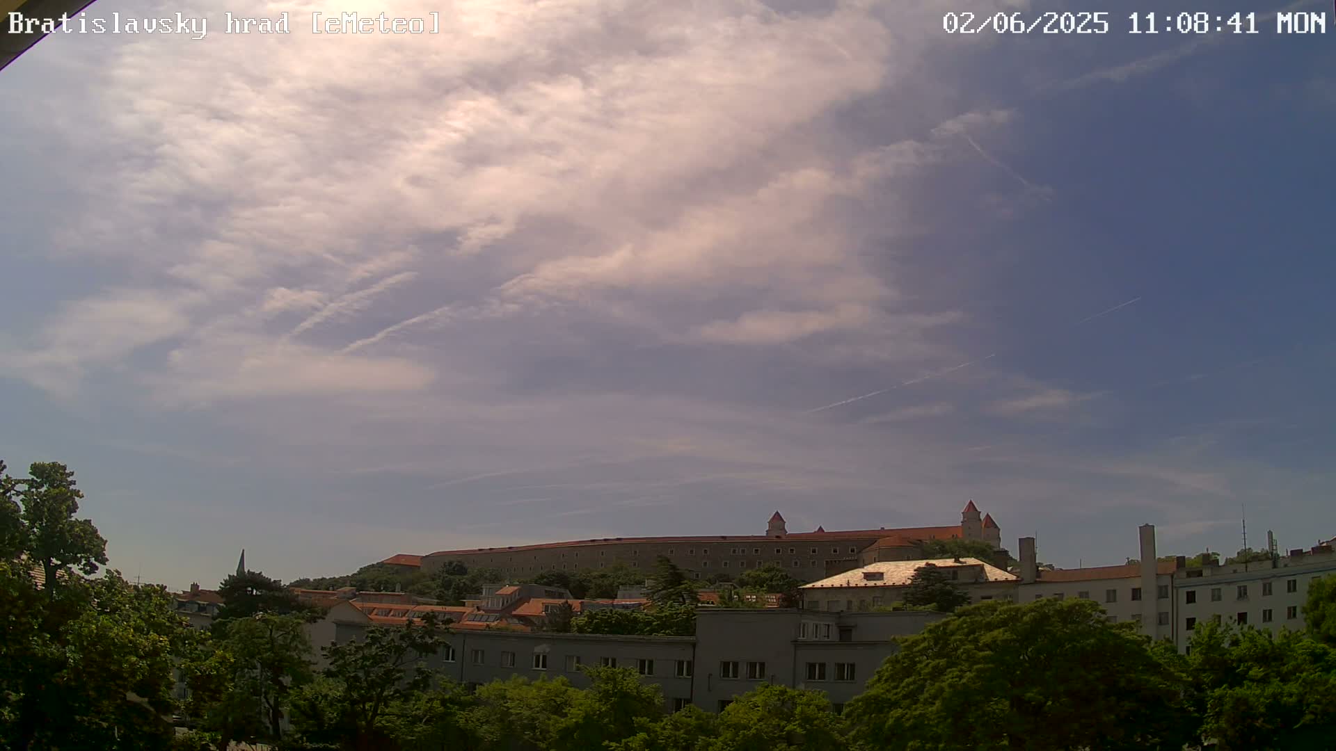A partly cloudy sky overlooks a city with a large castle visible on a hill in the distance.