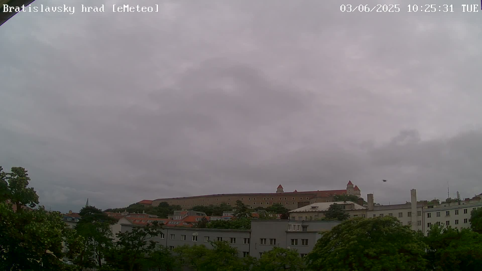 A large stone castle sits atop a hill in the distance, under an overcast sky, behind a row of buildings and trees.