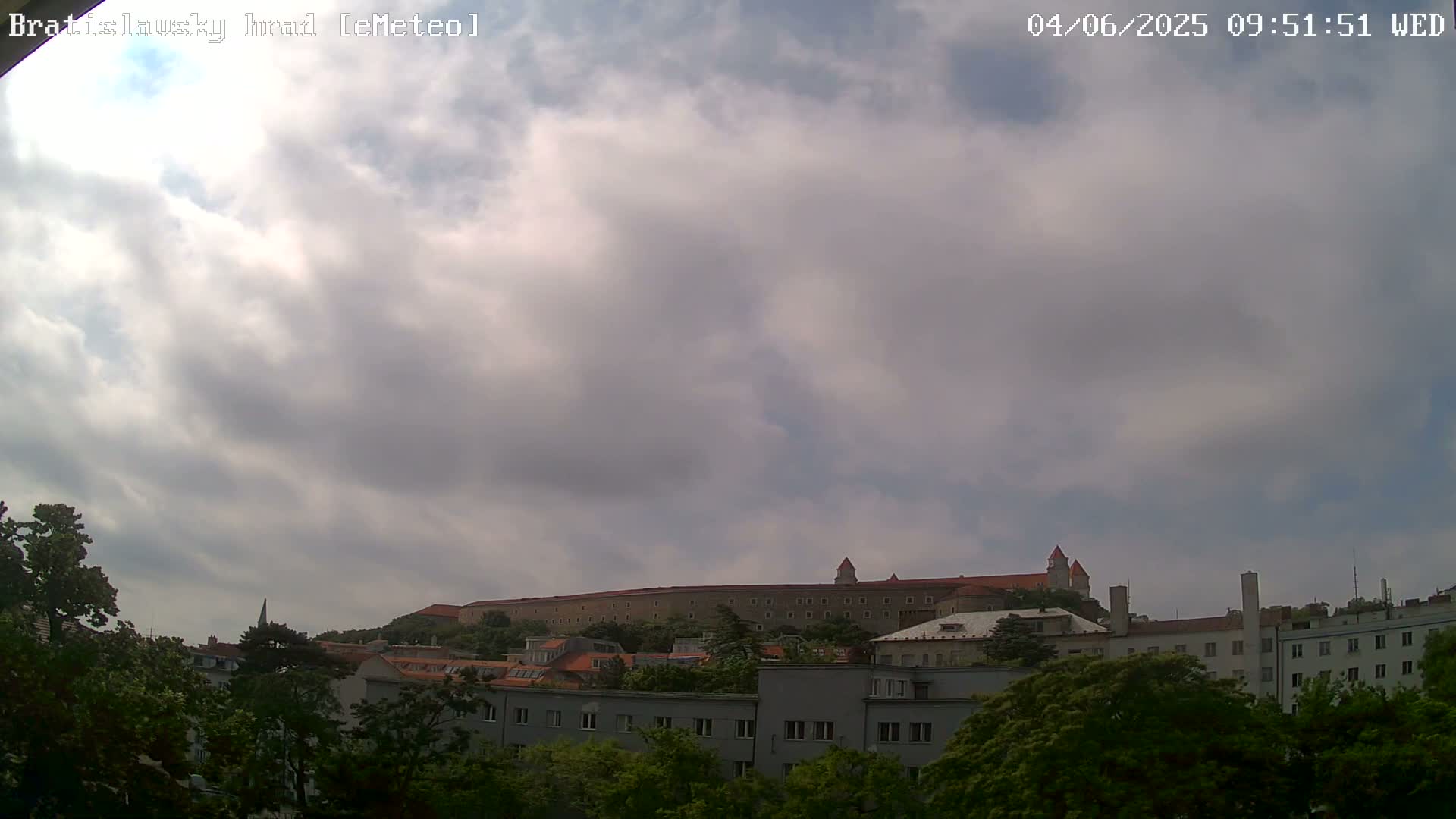 A large castle sits atop a hill in the distance, partially obscured by a cloudy sky, behind a row of buildings and lush green trees.