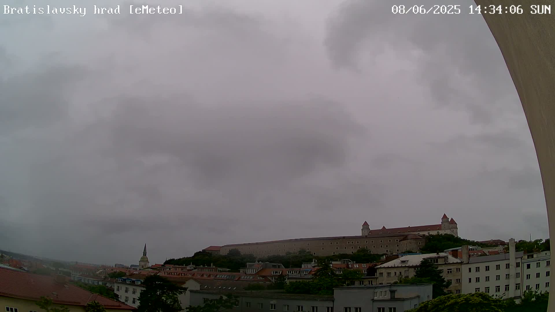 A city landscape is visible under an overcast sky, featuring a large castle atop a hill overlooking a collection of buildings.