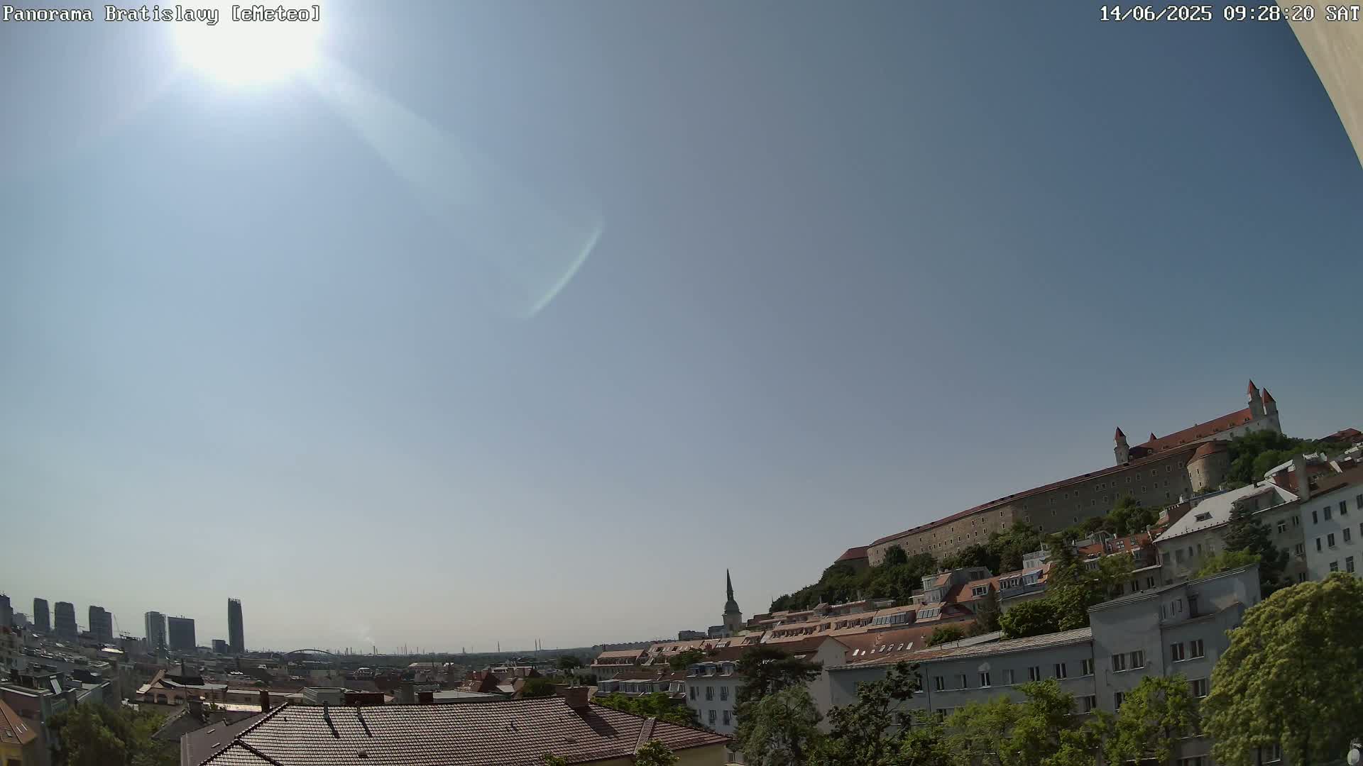 A sunny cityscape shows a hilltop castle overlooking a town with buildings of varying heights and red tile roofs under a mostly clear sky.