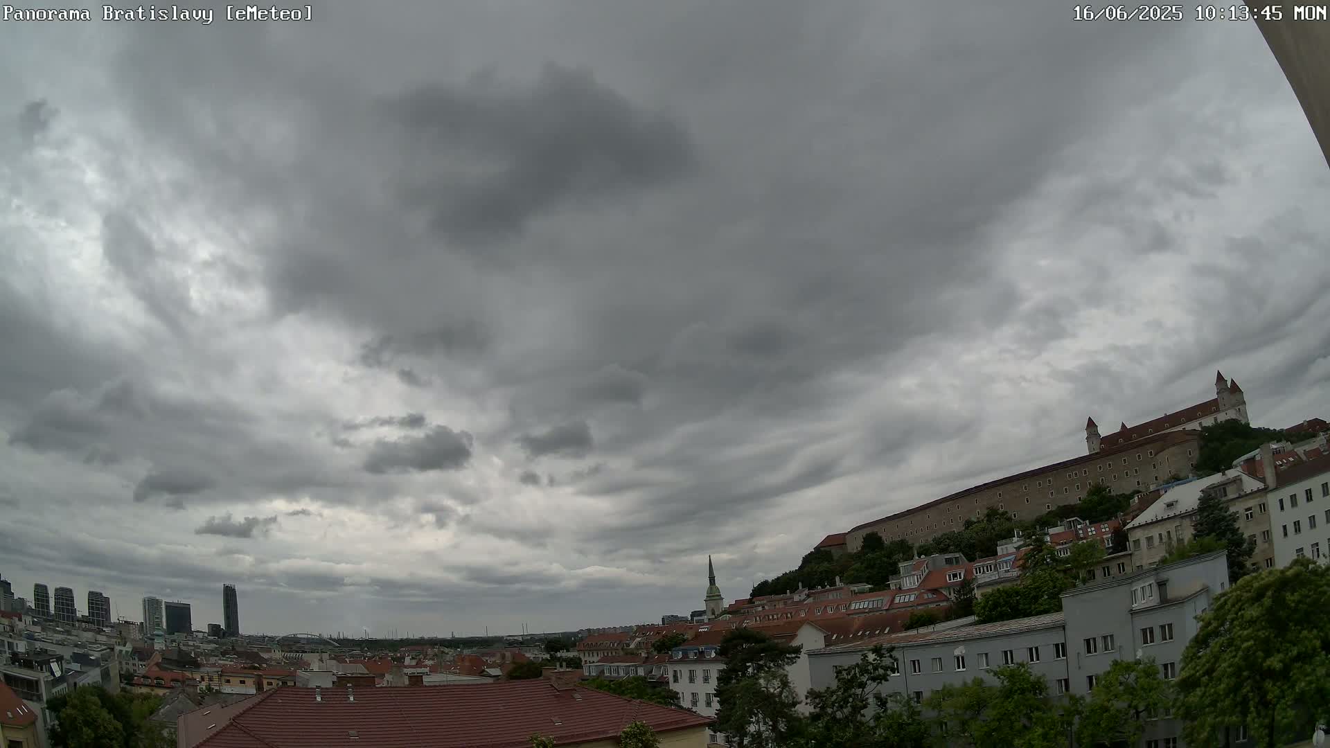 A city landscape under a cloudy sky shows a hilltop castle overlooking a collection of buildings, some of which are multi-story.