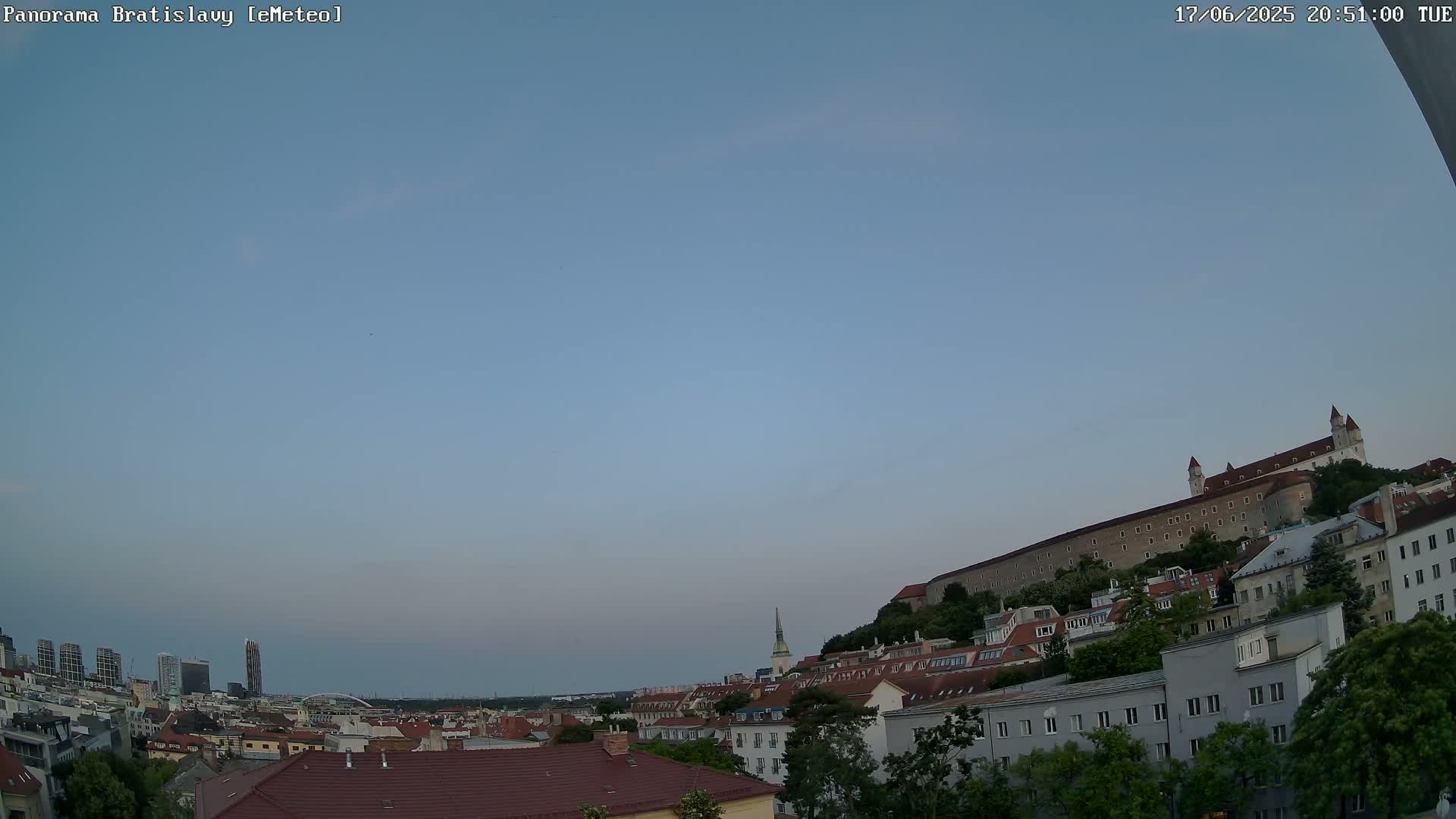 A cityscape at dusk shows a hilltop castle overlooking a collection of buildings under a clear, light blue sky.