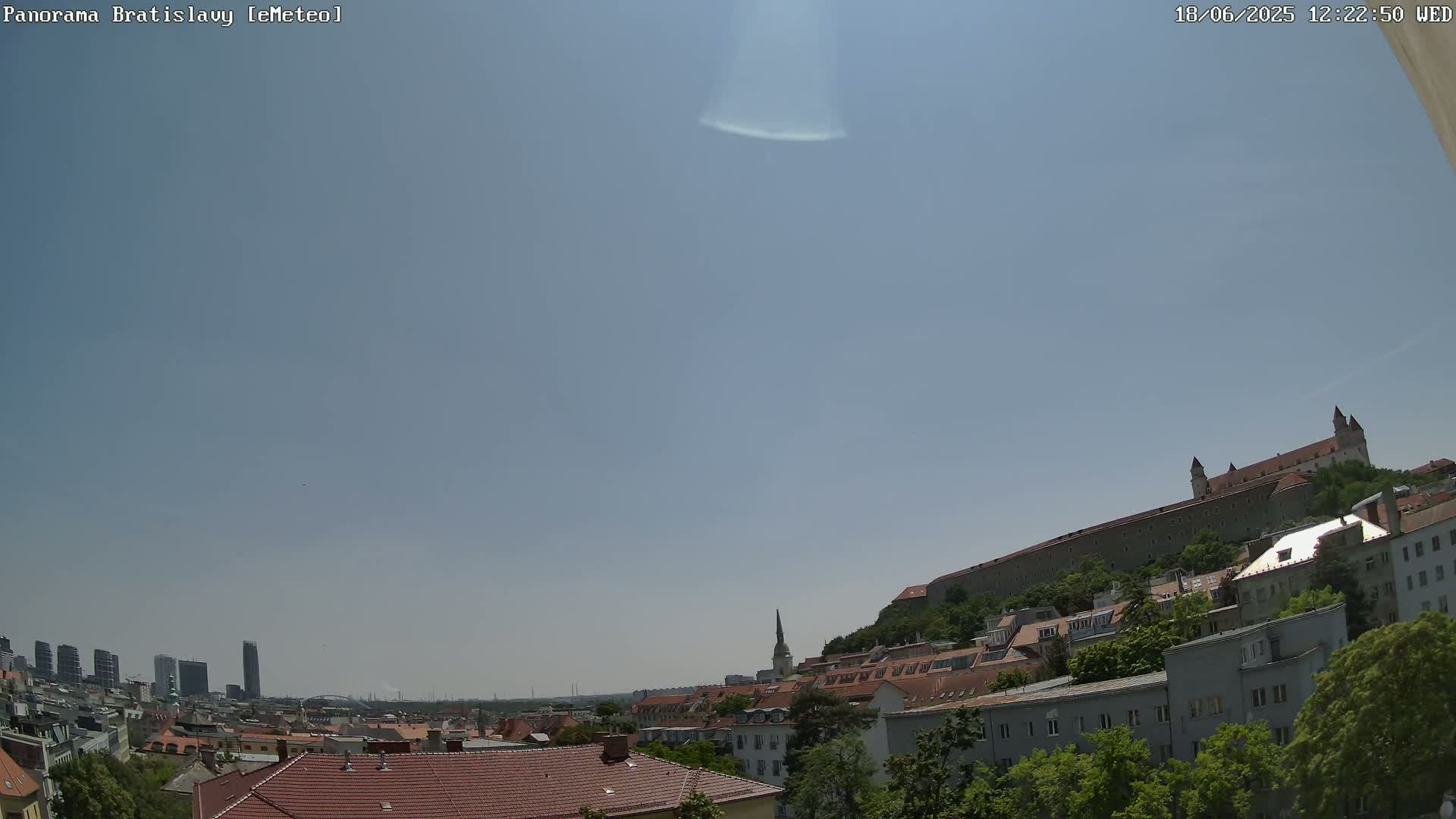 A panoramic view of a city on a clear, sunny day, showing a large castle on a hill overlooking a collection of buildings.