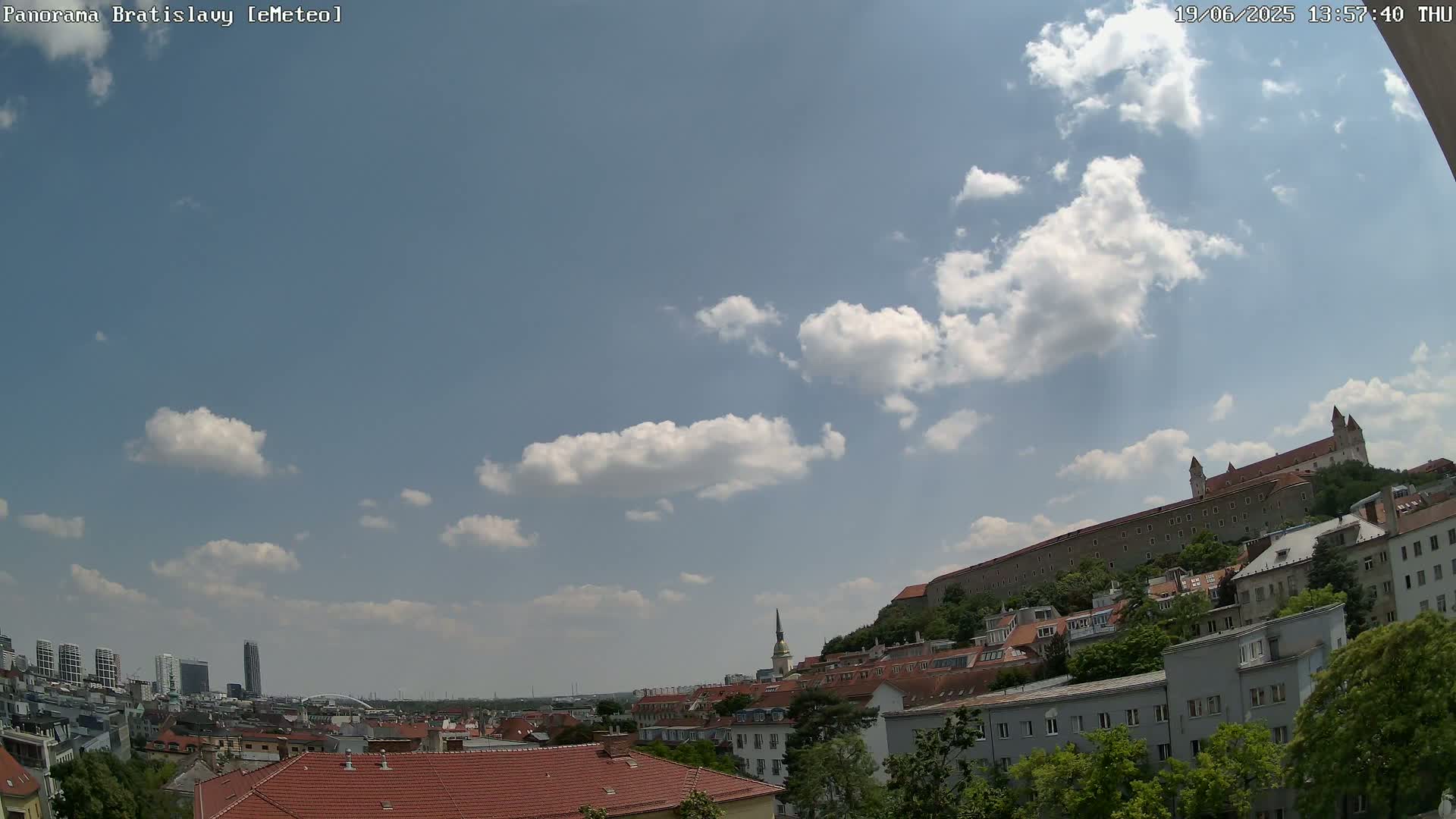 A partly cloudy sky overlooks a cityscape with a large castle on a hill in the background.
