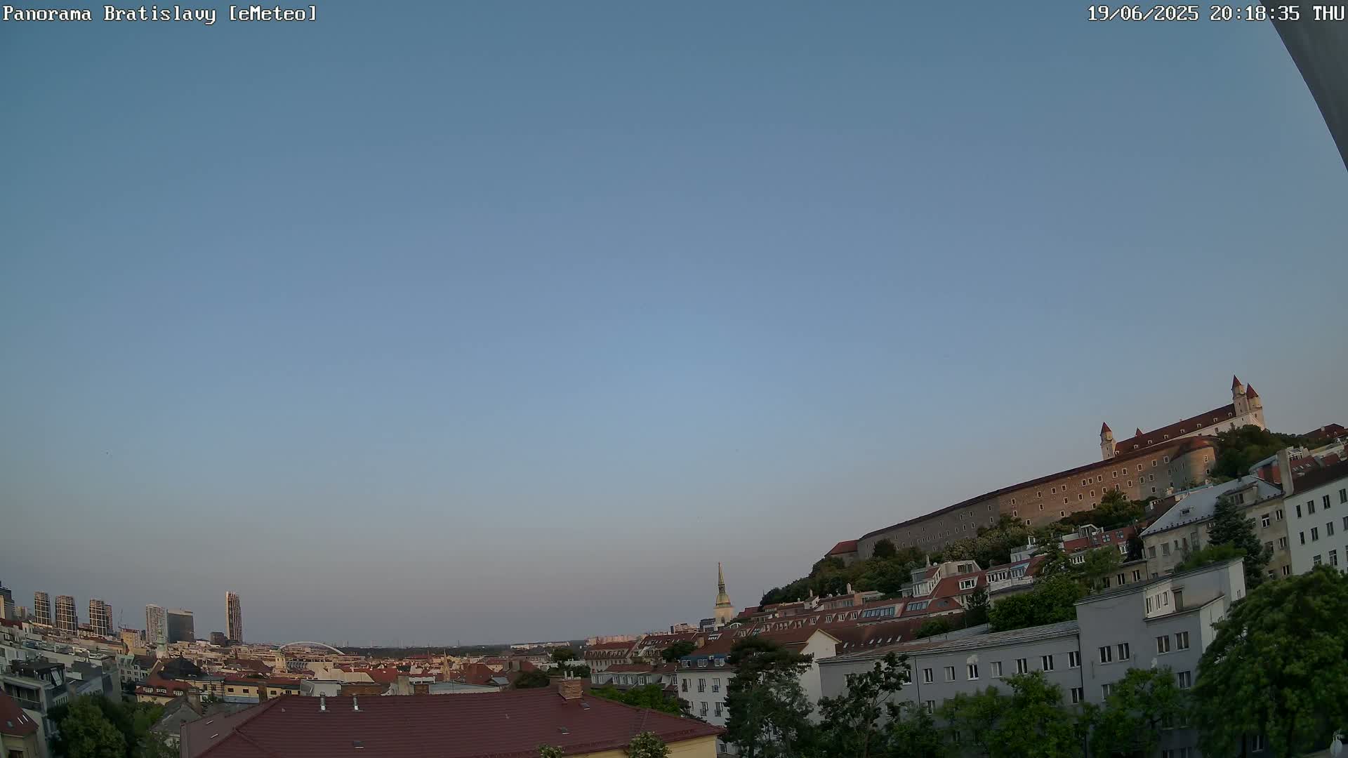 A panoramic view of a city with a large castle on a hill under a clear, twilight sky.