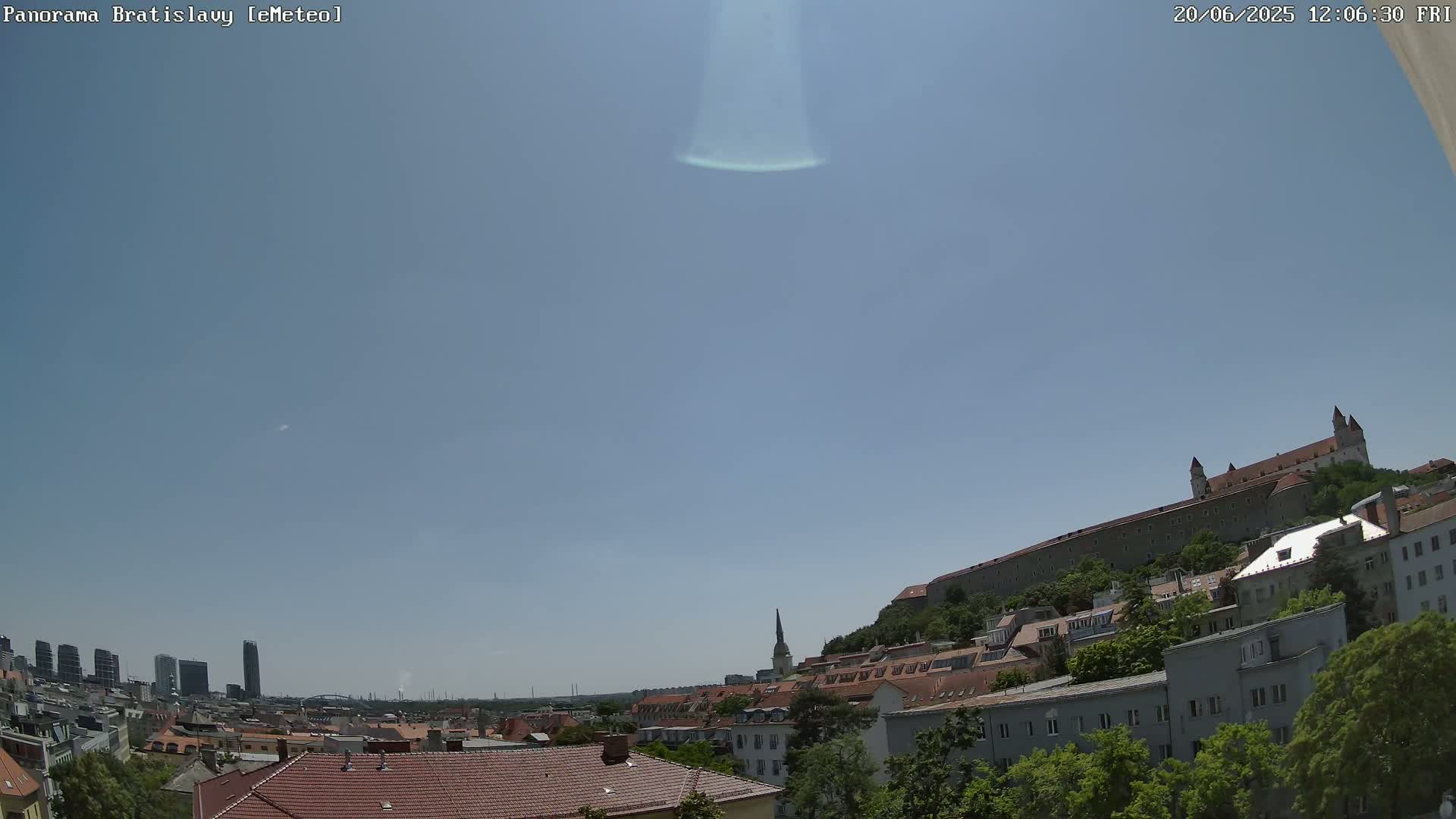 A clear, sunny day reveals a cityscape with a large castle perched atop a hill, overlooking a collection of buildings and trees.