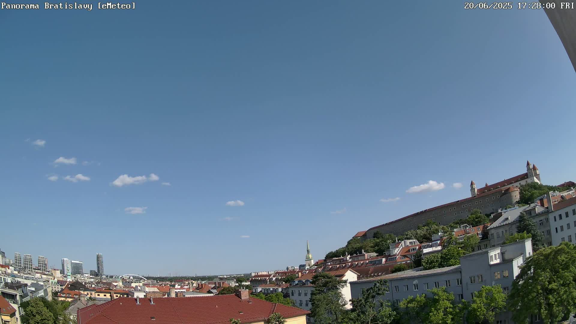 A panoramic view of a city on a clear, sunny day shows a hilltop castle overlooking a cityscape of red-tiled roofs and taller buildings.