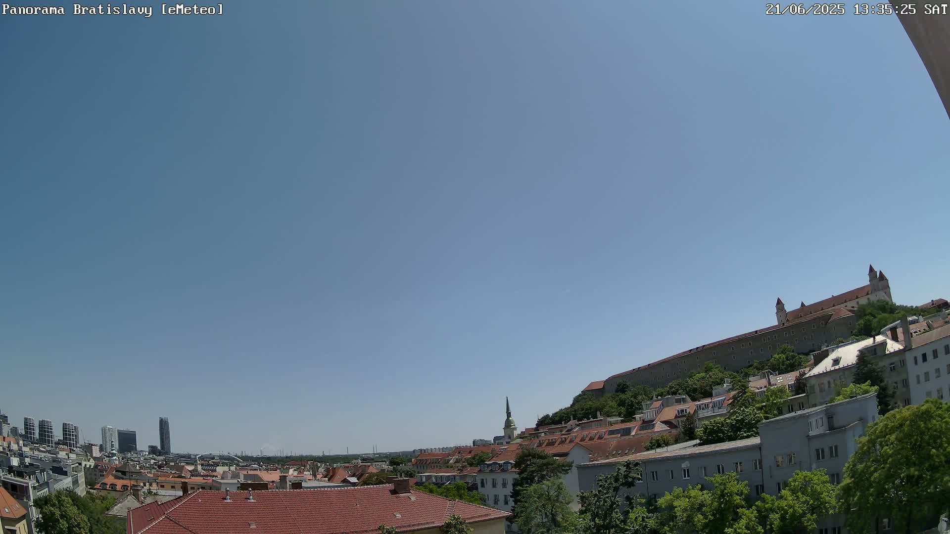 A panoramic view of a city on a clear, sunny day shows red-roofed buildings stretching to a hilltop castle.