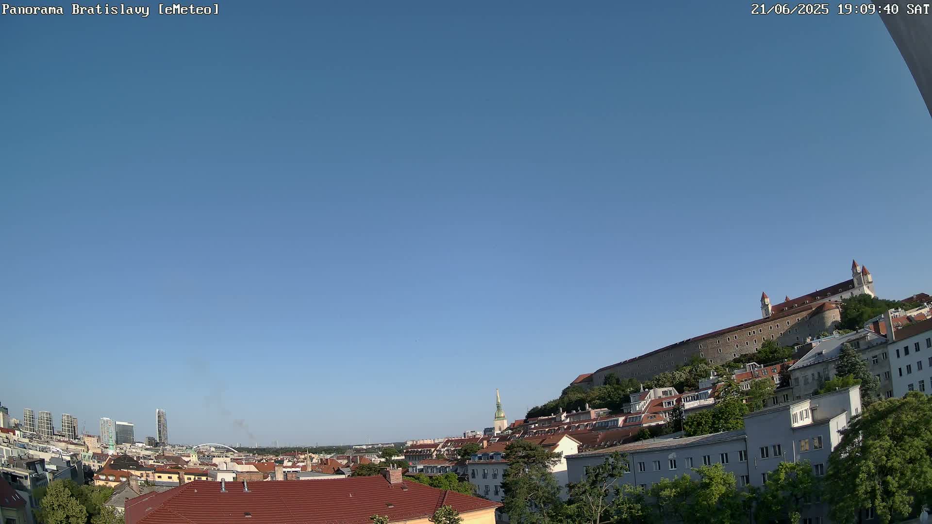 A panoramic view of a city under a clear blue sky shows a hilltop castle overlooking a collection of buildings and trees.