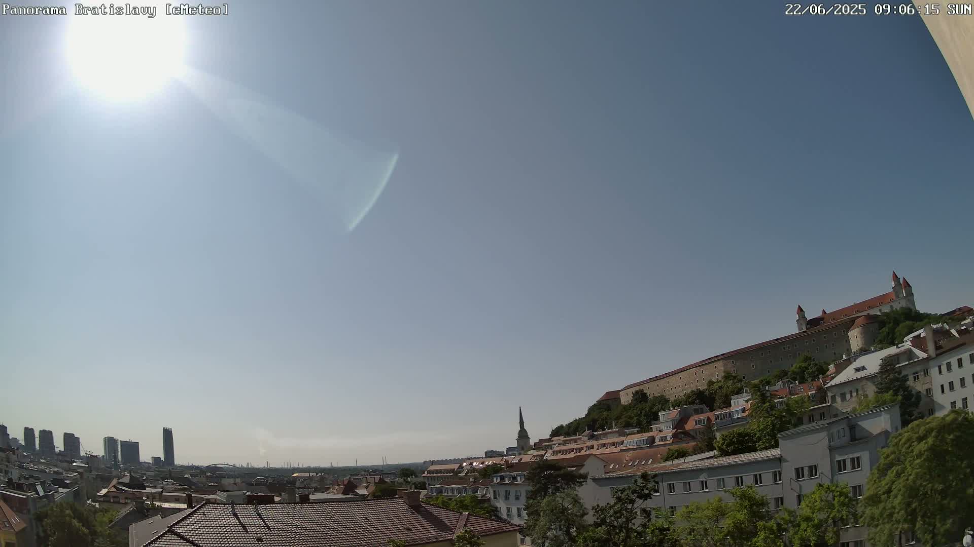 A sunny day shows a cityscape with a hilltop castle, numerous buildings, and some taller structures in the distance.