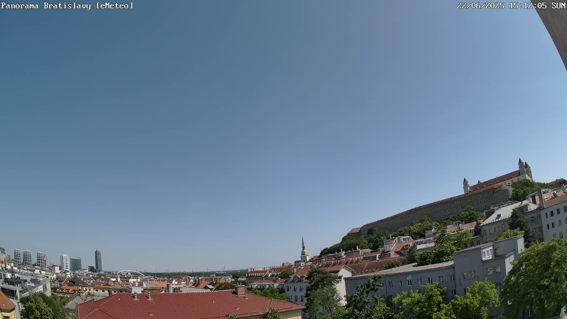 A clear, sunny day overlooks a city with red-tiled roofs, green trees, and a large castle on a hill in the background.