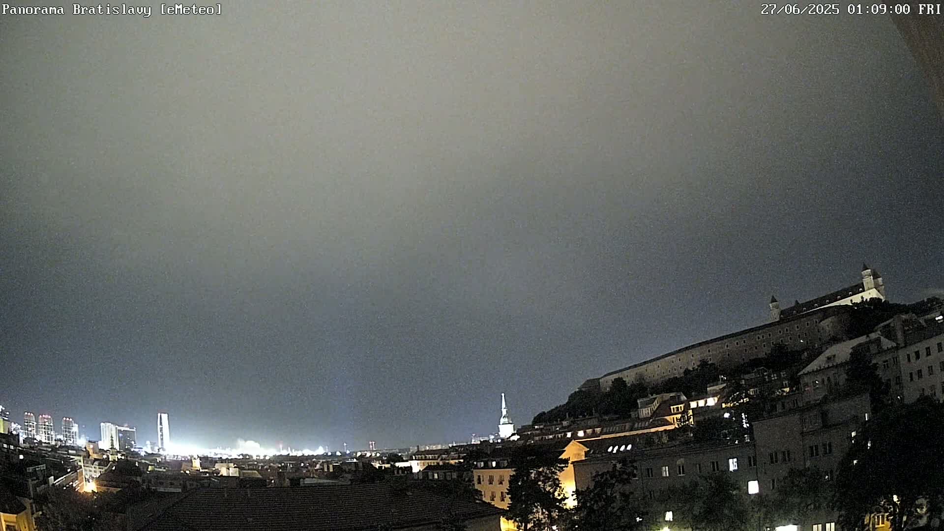A city skyline at dusk, featuring a large castle illuminated on a hill overlooking a collection of buildings under a clear blue sky.