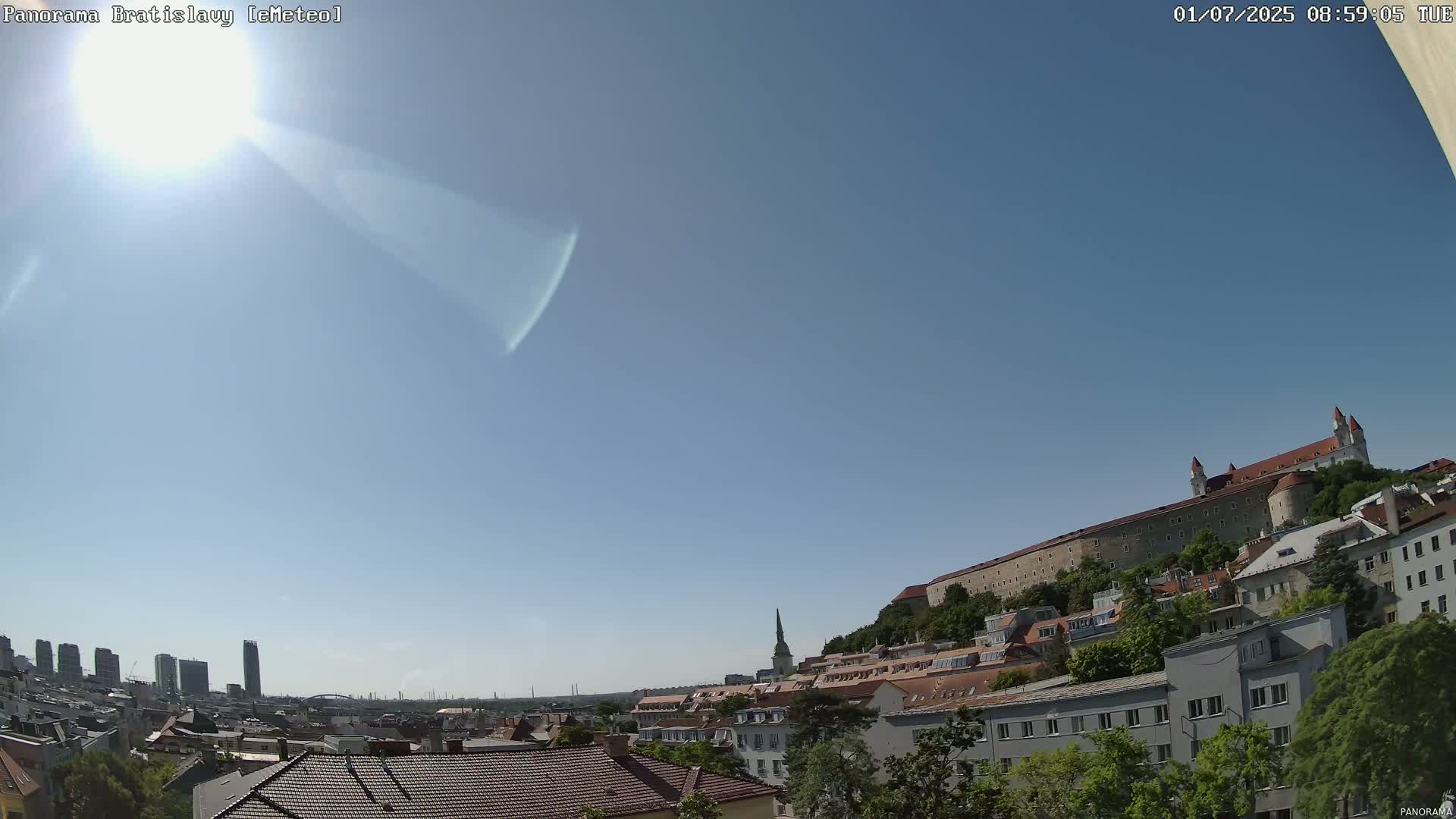 A sunny cityscape shows a hilltop castle overlooking a city of low buildings and modern high-rises in the distance.