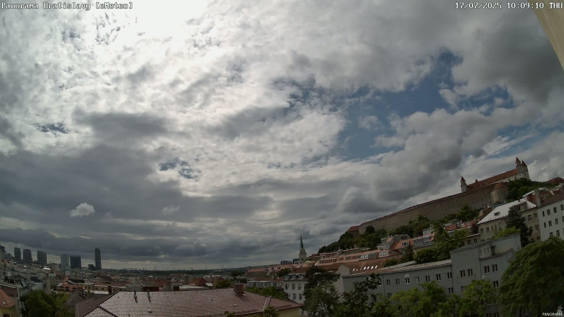 A partly cloudy sky overlooks a city with a large castle on a hill, featuring buildings with red tile roofs.