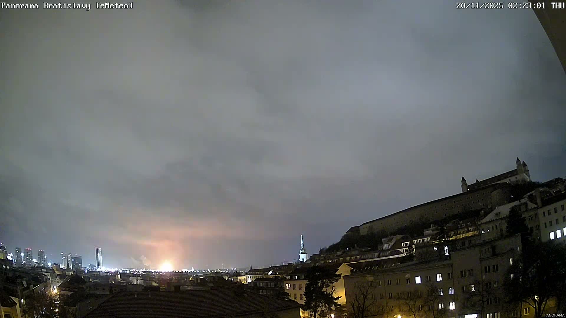 An overcast night view of a sprawling city, likely Bratislava, reveals a distant bright orange glow and a brightly lit skyline on the left, with a prominent castle perched on a hill to the right and illuminated buildings in the mid-ground, all under a heavily clouded sky.
