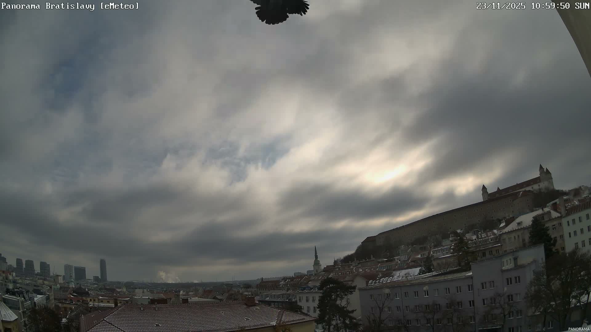 A panoramic view of a city under a dramatic, mostly overcast sky with bright patches of sunlight, featuring an elevated castle on a hill, a church spire, and modern buildings in the distance, while a large dark bird flies in the foreground.