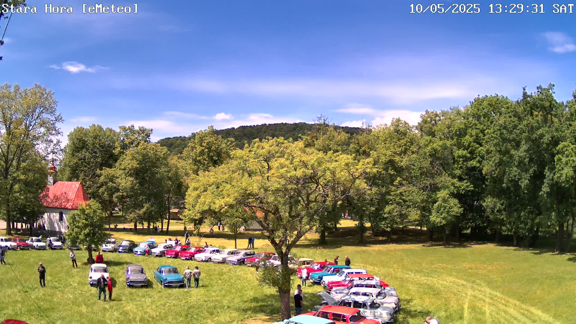 A sunny day with partly cloudy skies shows a gathering of vintage cars parked on a grassy field, surrounded by trees and a small building.