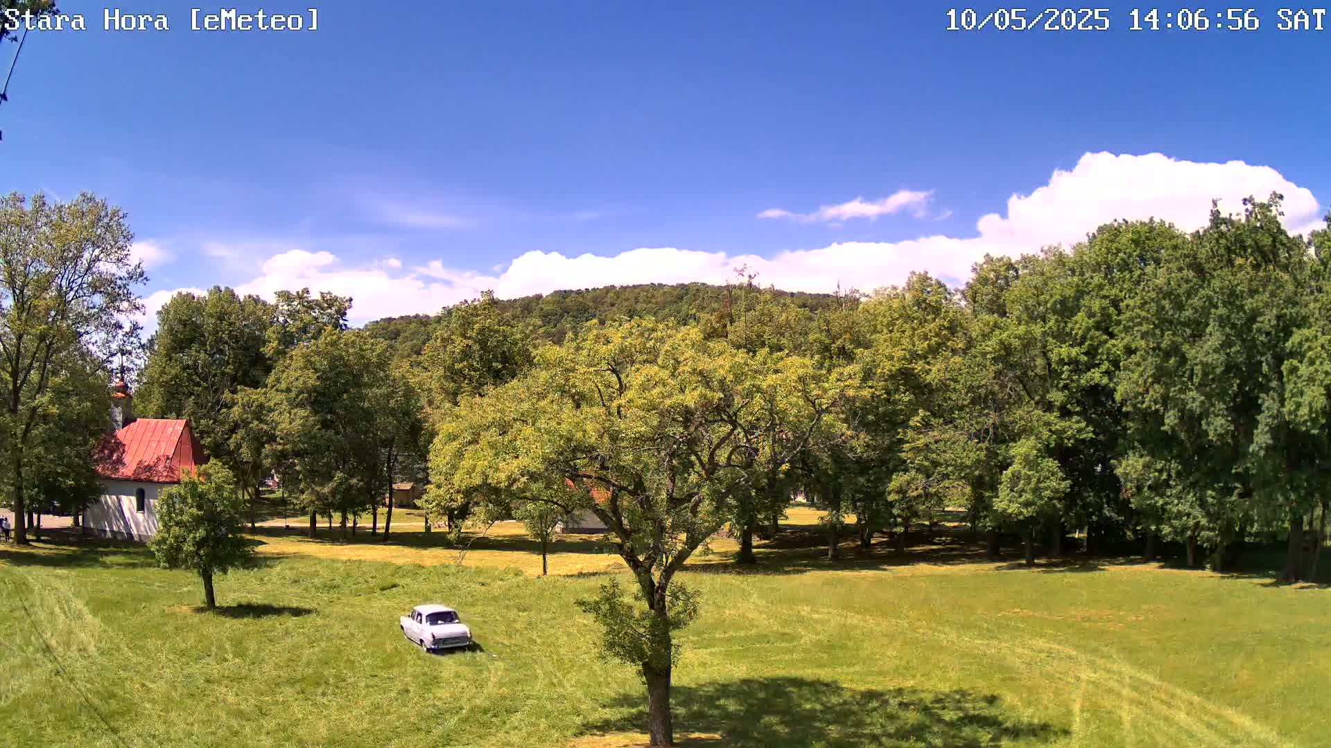 A light-colored car sits in a grassy field surrounded by leafy green trees under a mostly sunny sky with some scattered clouds.