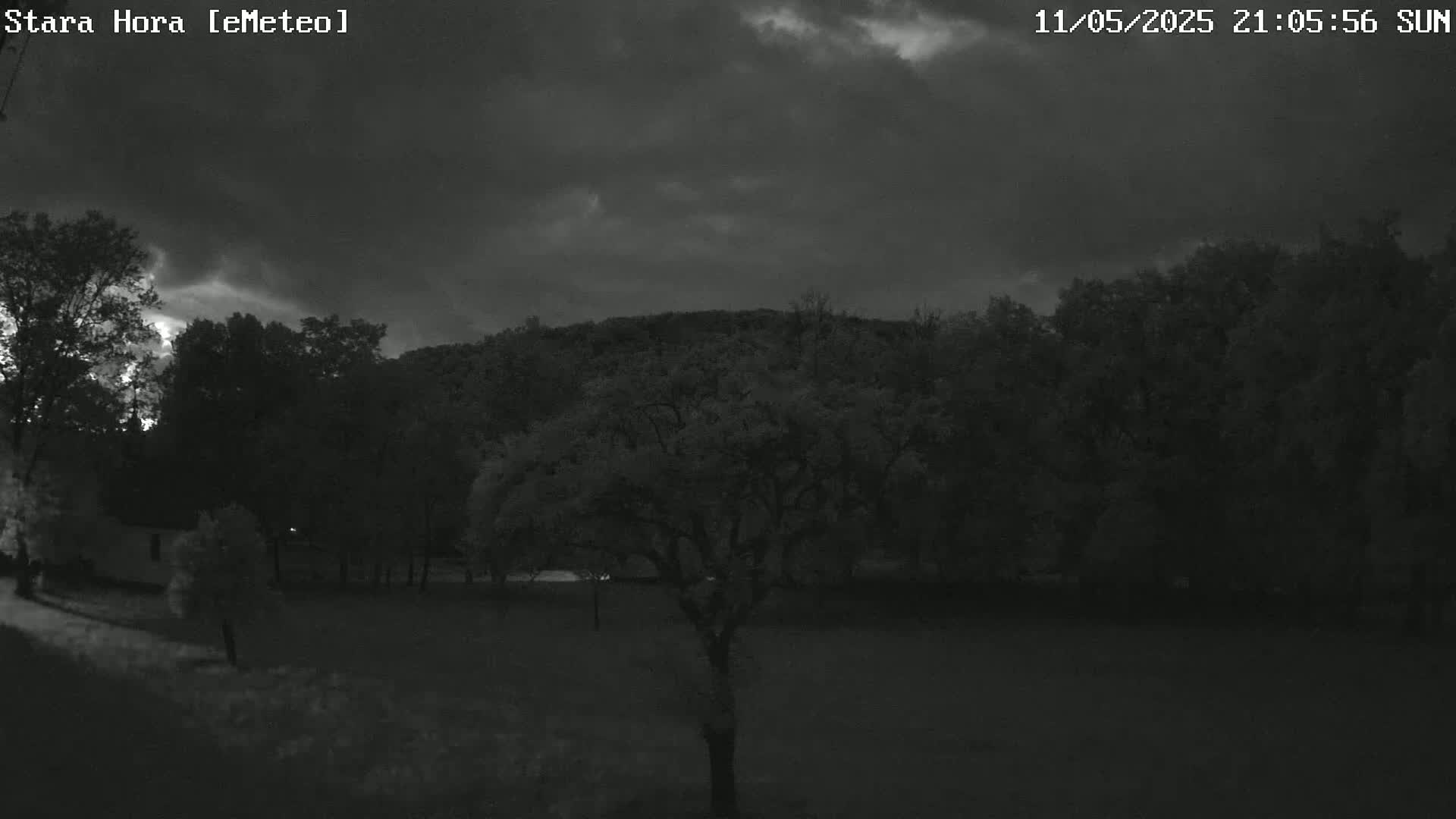 A nighttime, overcast view shows a line of trees and a hill under a dark sky.
