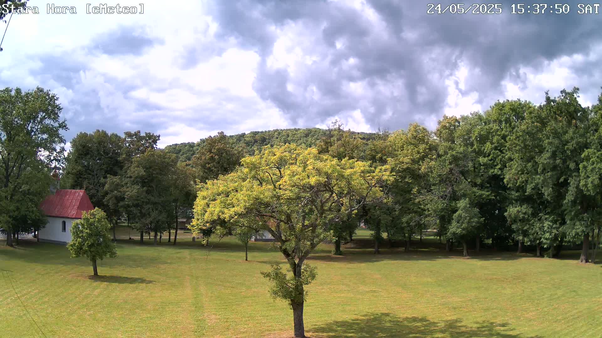 A partly cloudy sky over a grassy field with trees, a small white building with a red roof, and a hill in the background.