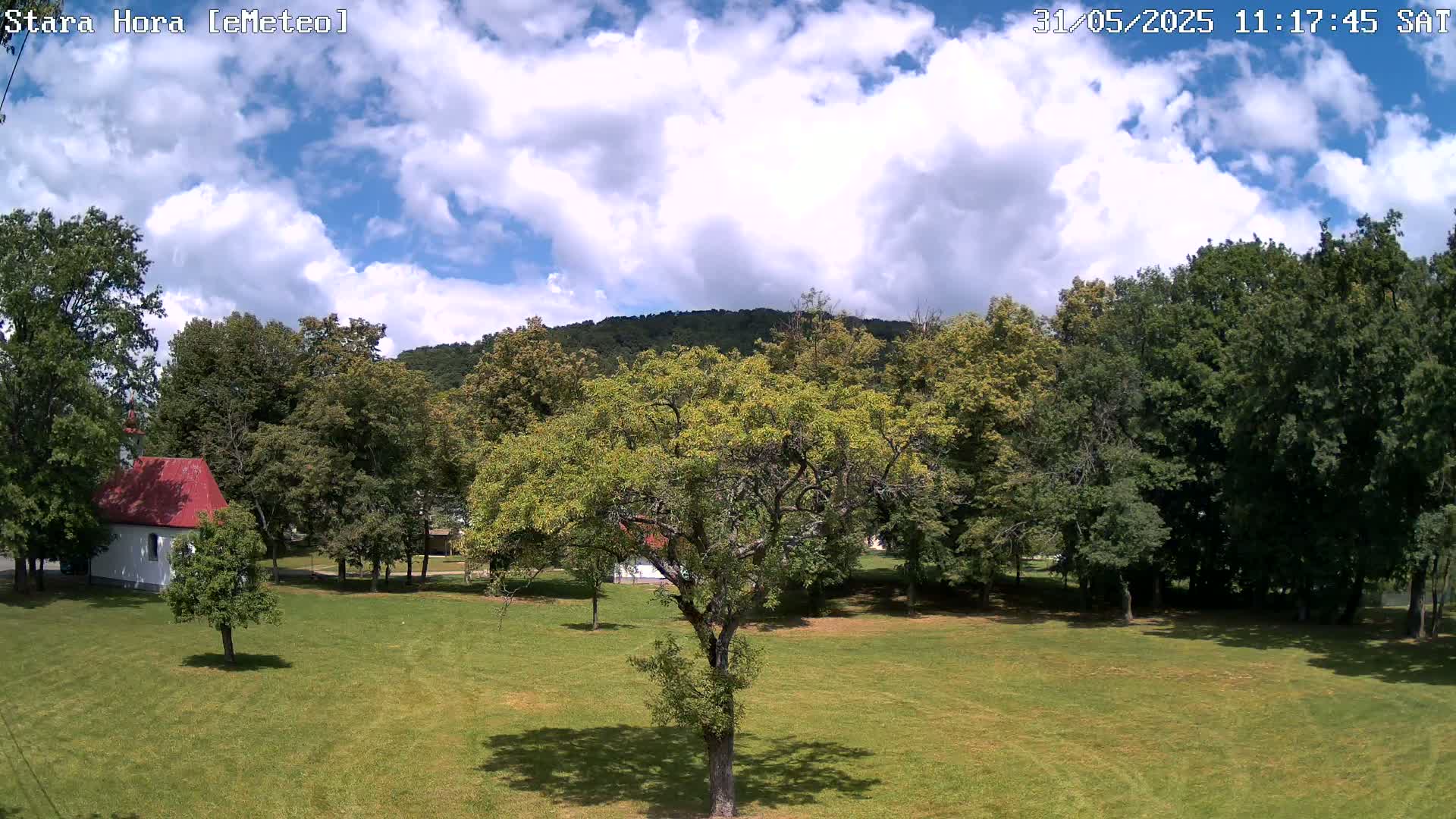 A grassy field with a small white chapel and several trees, under a partly cloudy sky.